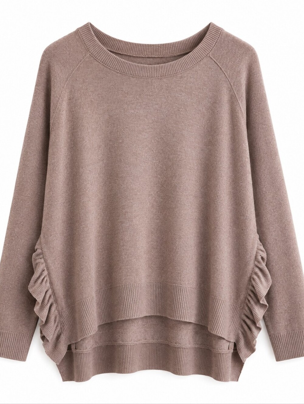 Zara Ruffle-Side Crewneck Sweater - Taupe Size LG